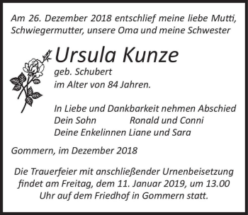 Traueranzeige von Ursula Kunze (geb. Schubert)  von Magdeburger Volksstimme