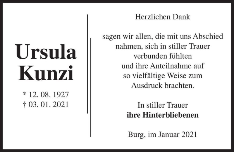  Traueranzeige für Ursula Kunzi  vom 23.01.2021 aus Magdeburger Volksstimme