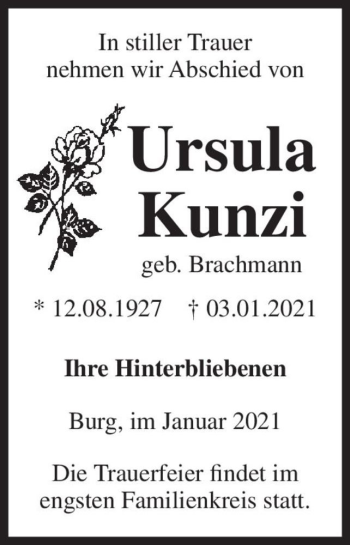 Traueranzeige von Ursula Kunzi (geb. Brachmann)  von Magdeburger Volksstimme
