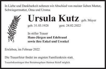Traueranzeige von Ursula Kutz (geb. Meyer)  von Magdeburger Volksstimme