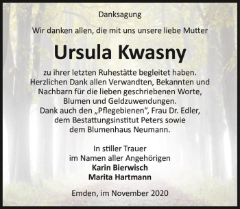 Traueranzeige von Ursula Kwasny  von Magdeburger Volksstimme