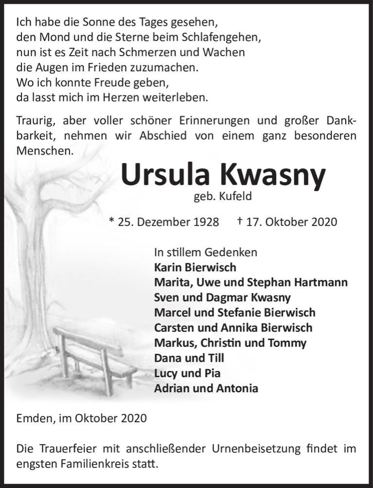  Traueranzeige für Ursula Kwasny (geb. Kufeld)  vom 21.10.2020 aus Magdeburger Volksstimme