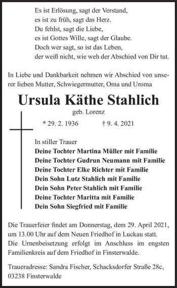 Traueranzeige von Ursula Käthe Stahlich (geb. Lorenz)  von Magdeburger Volksstimme