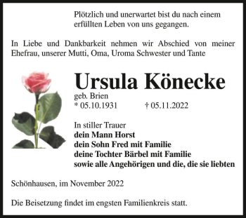 Traueranzeige von Ursula Könecke (geb. Brien)  von Magdeburger Volksstimme