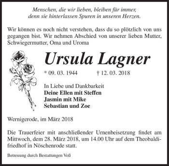 Traueranzeige von Ursula Lagner  von Magdeburger Volksstimme