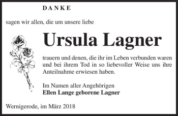 Traueranzeige von Ursula Lagner  von Magdeburger Volksstimme