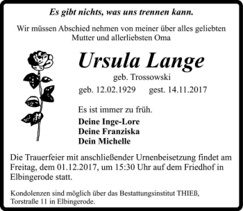Traueranzeige von Ursula Lange (geb. Trossowski)  von Magdeburger Volksstimme