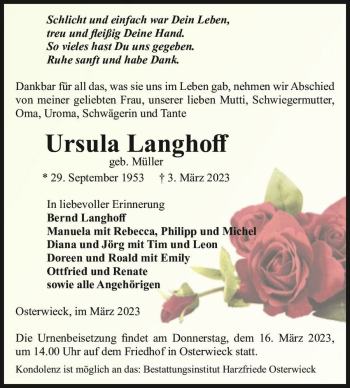 Traueranzeige von Ursula Langhoff (geb. Müller)  von Magdeburger Volksstimme