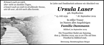 Traueranzeige von Ursula Laser (geb. Stopfkuchen)  von Magdeburger Volksstimme