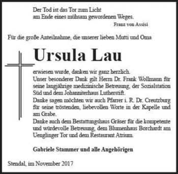 Traueranzeige von Ursula Lau  von Magdeburger Volksstimme