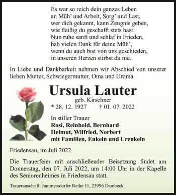 Traueranzeige von Ursula Lauter (geb. Kirschner)  von Magdeburger Volksstimme