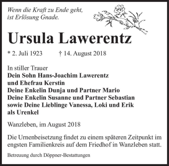Traueranzeige von Ursula Lawerentz  von Magdeburger Volksstimme
