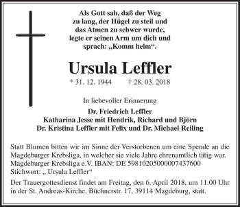 Traueranzeige von Ursula Leffler  von Magdeburger Volksstimme