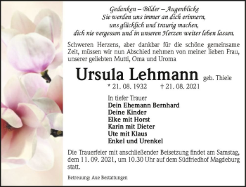 Traueranzeige von Ursula Lehmann (geb. Thiele)  von Magdeburger Volksstimme