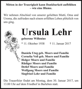 Traueranzeige von Ursula Lehr (geb. Willenius)  von Magdeburger Volksstimme
