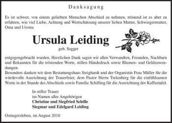 Traueranzeige von Ursula Leiding (geb. Segger)  von Magdeburger Volksstimme