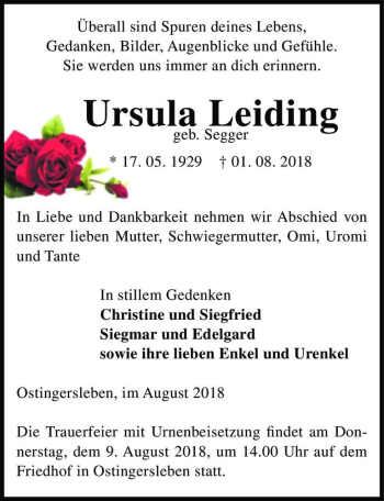 Traueranzeige von Ursula Leiding (geb. Segger)  von Magdeburger Volksstimme