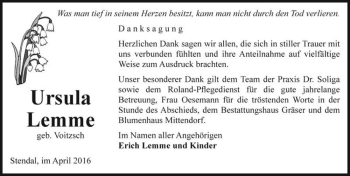 Traueranzeige von Ursula Lemme (geb. Voitzsch)  von Magdeburger Volksstimme