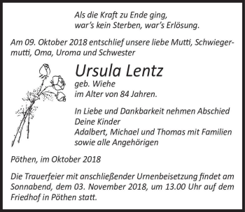 Traueranzeige von Ursula Lentz  von Magdeburger Volksstimme