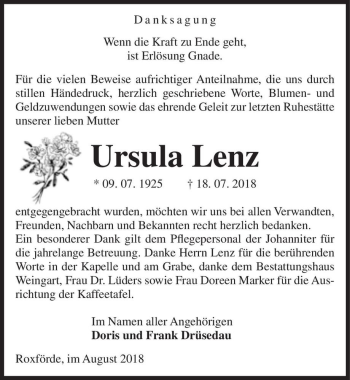Traueranzeige von Ursula Lenz  von Magdeburger Volksstimme