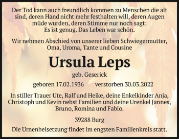 Traueranzeige von Ursula Leps (geb. Geserick)  von Magdeburger Volksstimme
