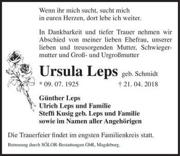 Traueranzeige von Ursula Leps (geb. Schmidt)  von Magdeburger Volksstimme