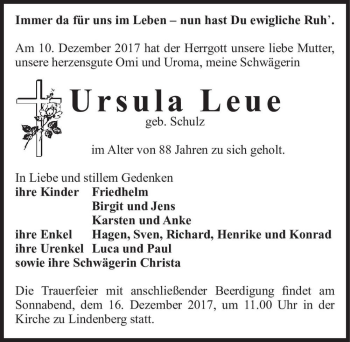 Traueranzeige von Ursula Leue (geb. Schulz)  von Magdeburger Volksstimme
