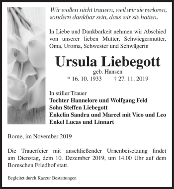 Traueranzeige von Ursula Liebegott (geb. Hansen)  von Magdeburger Volksstimme