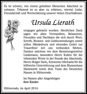 Traueranzeige von Ursula Lierath  von Magdeburger Volksstimme
