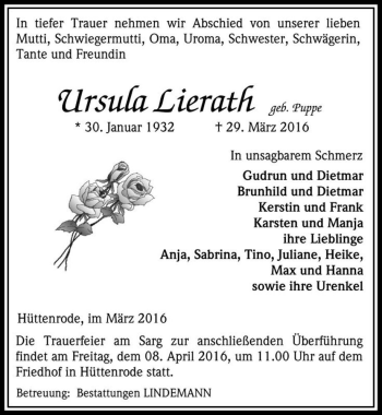 Traueranzeige von Ursula Lierath (geb. Puppe)  von Magdeburger Volksstimme