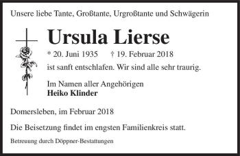 Traueranzeige von Ursula Lierse  von Magdeburger Volksstimme