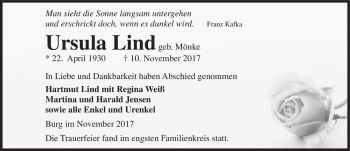Traueranzeige von Ursula Lind (geb. Mönke)  von Magdeburger Volksstimme