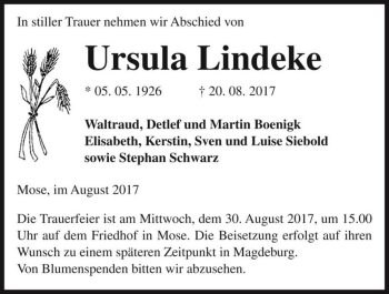 Traueranzeige von Ursula Lindeke  von Magdeburger Volksstimme