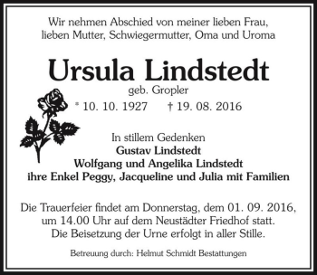 Traueranzeige von Ursula Lindstedt (geb. Gropler)  von Magdeburger Volksstimme