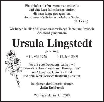 Traueranzeige von Ursula Lingstedt (geb. Jung)  von Magdeburger Volksstimme