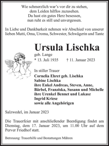 Traueranzeige von Ursula Lischka (geb. Lange)  von Magdeburger Volksstimme