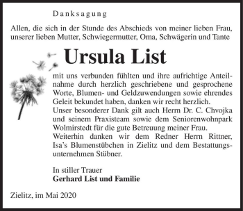 Traueranzeige von Ursula List  von Magdeburger Volksstimme
