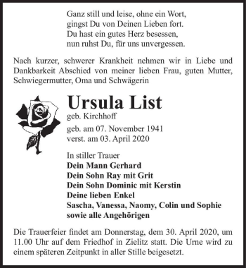Traueranzeige von Ursula List (geb. Kirchhoff)  von Magdeburger Volksstimme