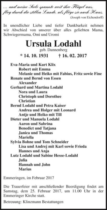 Traueranzeige von Ursula Lodahl (geb. Dannenberg)  von Magdeburger Volksstimme