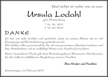 Traueranzeige von Ursula Lodahl (geb. Dannenberg)  von Magdeburger Volksstimme