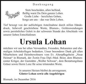 Traueranzeige von Ursula Lohan  von Magdeburger Volksstimme