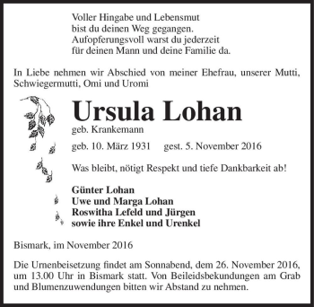 Traueranzeige von Ursula Lohan (geb. Krankemann)  von Magdeburger Volksstimme