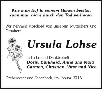 Traueranzeige von Ursula Lohse  von Magdeburger Volksstimme