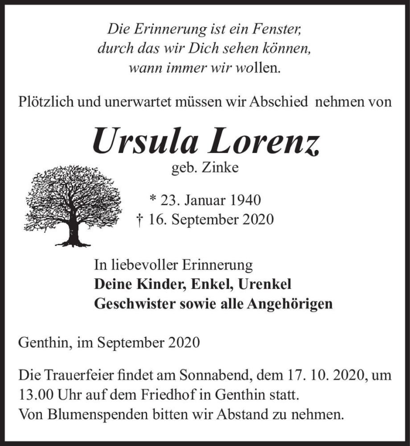  Traueranzeige für Ursula Lorenz (geb. Zinke)  vom 10.10.2020 aus Magdeburger Volksstimme