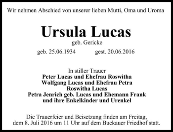Traueranzeige von Ursula Lucas (geb. Gericke)  von Magdeburger Volksstimme