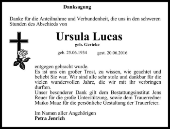 Traueranzeige von Ursula Lucas (geb. Gericke)  von Magdeburger Volksstimme