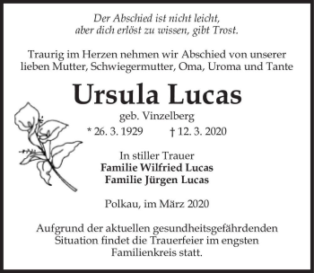 Traueranzeige von Ursula Lucas (geb. Vinzelberg)  von Magdeburger Volksstimme