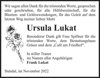 Traueranzeige von Ursula Lukat  von Magdeburger Volksstimme