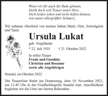 Traueranzeige von Ursula Lukat (geb. Voigtländer)  von Magdeburger Volksstimme