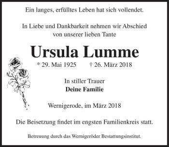 Traueranzeige von Ursula Lumme  von Magdeburger Volksstimme